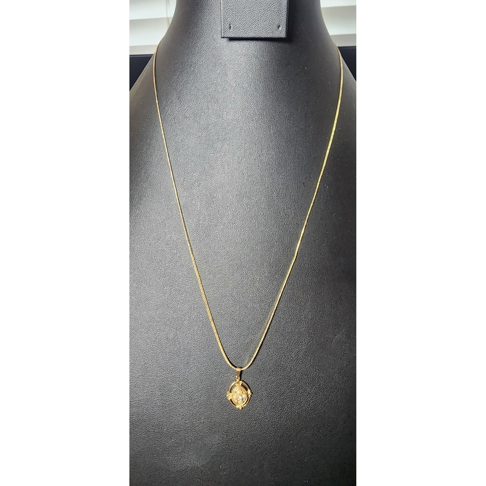 Vintage Gold Tone Faux Pearl Rhinestone Oval Pendant Necklace Snake Chain 22 In